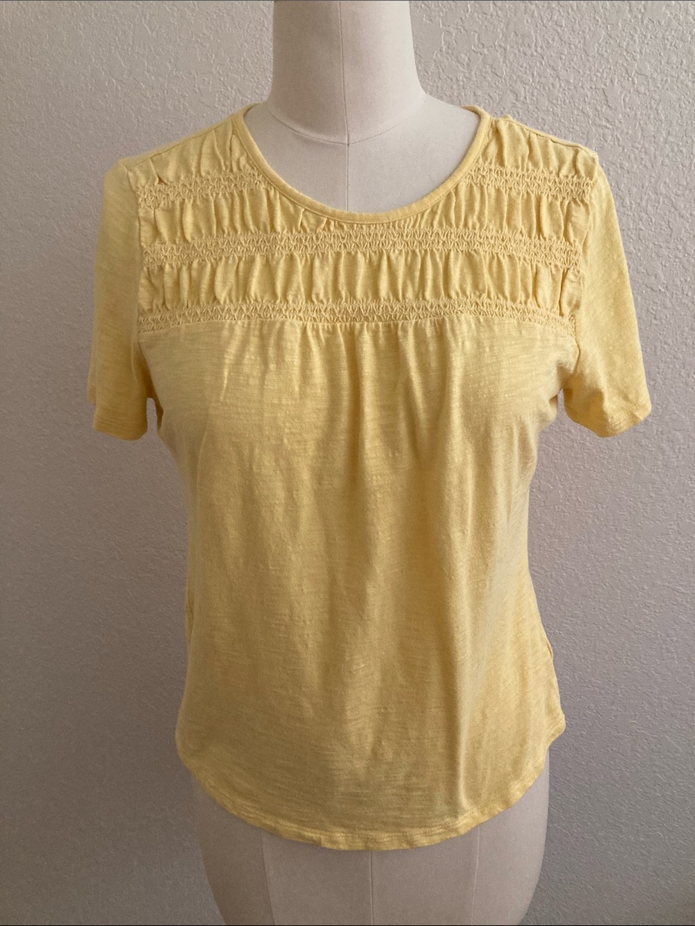 Talbots Sunny Yellow Smocked Yoke Short Sleeve Tee